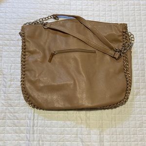 Tan Leather Purse with Striped Interior. Lots of Interior Pockets.